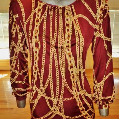 Vtg silk gold chains wiggle dress shirred neckline chanel style