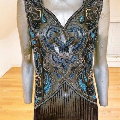 Vtg silk hand beaded layering flapper maxi dress on chiffon back slit 