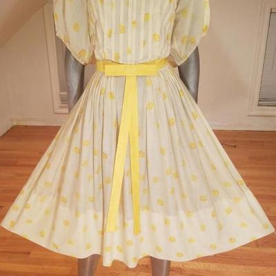 Vtg 1940's full sweep yellow cotton twill dress puff sleeves