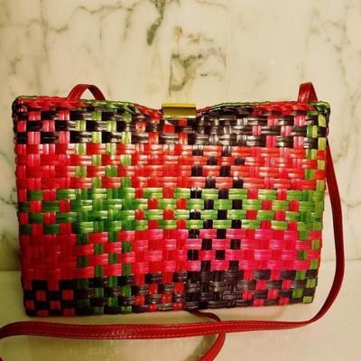 Rodo Italy multi color painted wicker/leather hand/shoulder runway bag