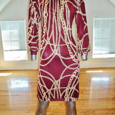 Vtg silk gold chains wiggle dress shirred neckline chanel style