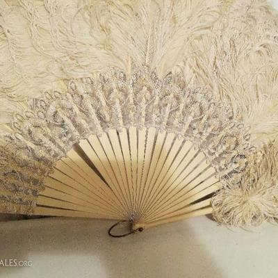 18th century Victorian French Ostrich feather large fan lace/bronze tone loop