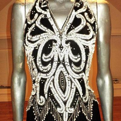 Vtg Jovani silk halter maxi all beaded & sequined black & white Gown