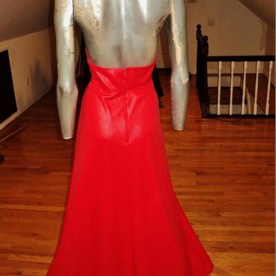  1960's Limited Edition Mr. Boots halter red liquid leather maxi dress gold loops