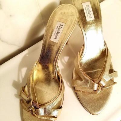 Vintage Max Mara  Runway Gold leather heeled mules open back 