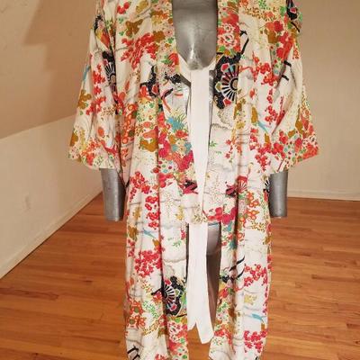 Vtg 1940's Japanese Haori Hand painted raw silk kimono Shibori art gold