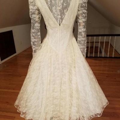 Vtg French Lace full sweep lace guipure sweetheart satin illusion