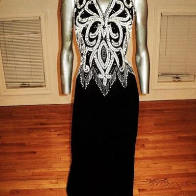 Vtg Jovani silk halter maxi all beaded & sequined black & white Gown