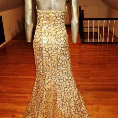 French Couture gold metallic strapless mermaid gown fishtail sequin embroidery