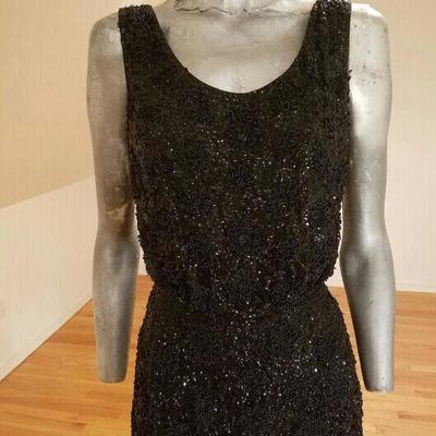 Vtg 1930's silk crepe flapper dress hand beaded embroidered sequins