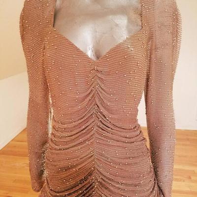 Vtg Oleg Cassini silk hand beaded lavender draped ballerina chiffon fluid dress