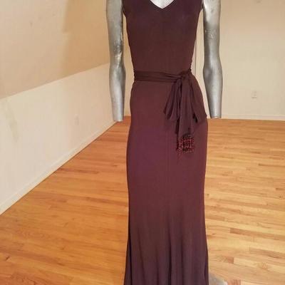 Vtg cocoa jersey Column maxi dress with beaded fringe belt