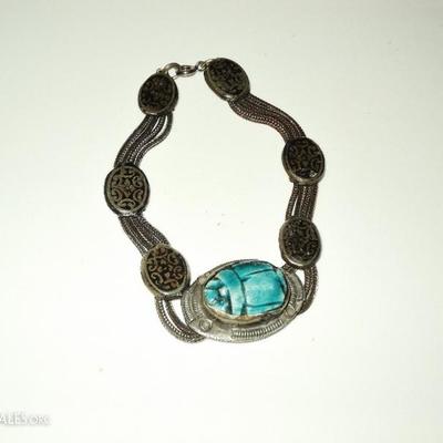 Vtg 1940's old silver scarab bracelet  Beetle filigree embossed from Egypt