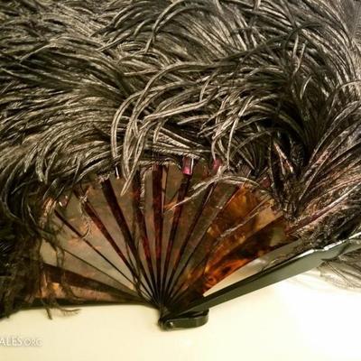 Victorian French Ostrich feather large fan bakelite sticks