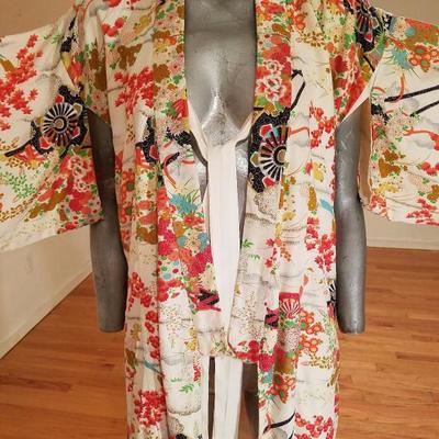 Vtg 1940's Japanese Haori Hand painted raw silk kimono Shibori art gold