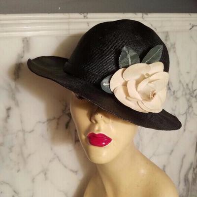 vtg Adolfo tilt brim straw hat millinery flower 