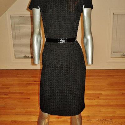 Vtg Carmen Marc Valvo puckered wiggle dress with patent leather black belt
