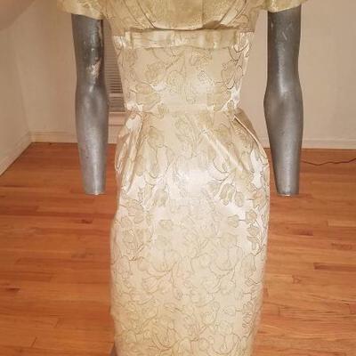 Vtg 1940's gold Brocade dress/jacket  ensemble large button metal zip