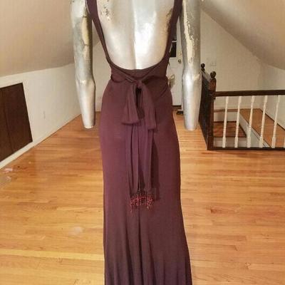 Vtg cocoa jersey Column maxi dress with beaded fringe belt