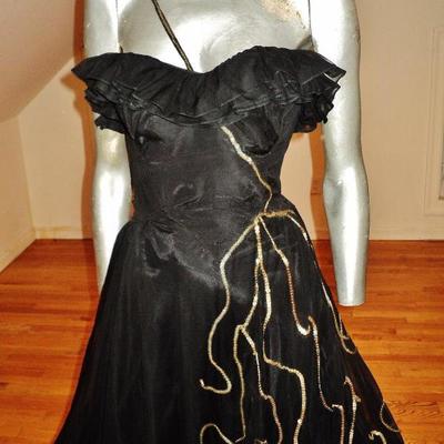 Vtg 1930's voile ruffled ball gown single strap sequins layers 