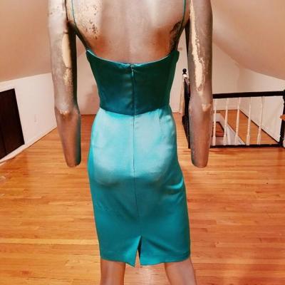 Vtg Kay Unger silk satin tie dye wiggle dress side ruffle