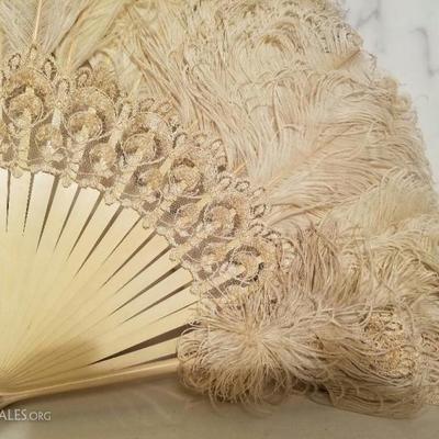 18th century Victorian French Ostrich feather large fan lace/bronze tone loop