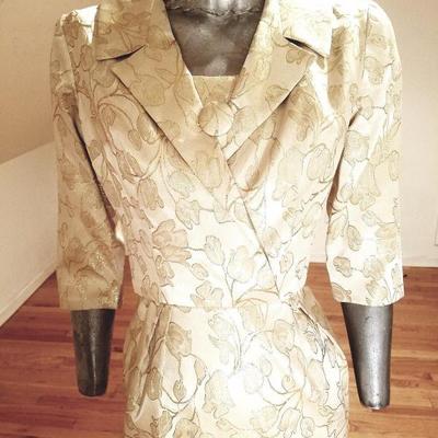 Vtg 1940's gold Brocade dress/jacket  ensemble large button metal zip