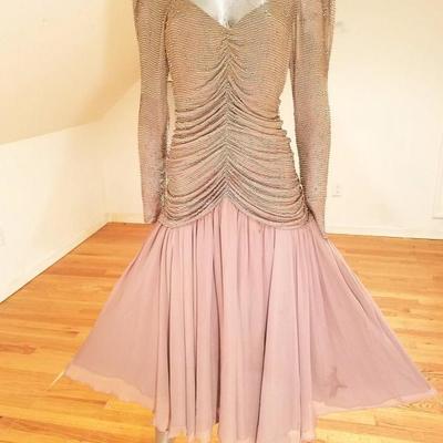 Vtg Oleg Cassini silk hand beaded lavender draped ballerina chiffon fluid dress