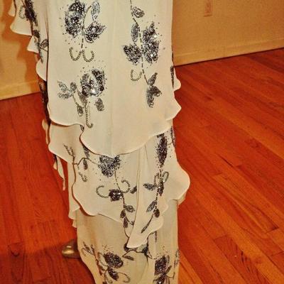 Vtg Sue Wong layered silk handkerchief dress silver beaded on antique chiffon