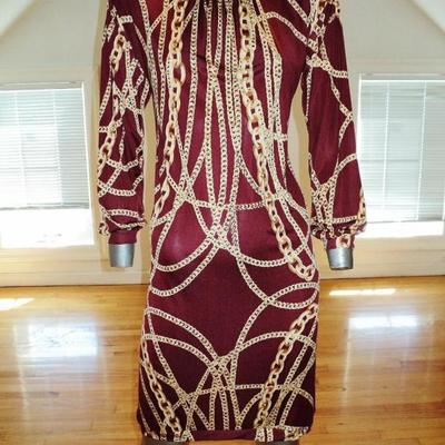 Vtg silk gold chains wiggle dress shirred neckline chanel style
