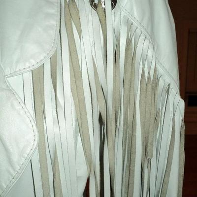 Vtg Western leather white fringe jacket metal silver hardware