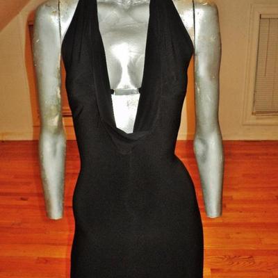 Vtg Cache' Body Con maxi dress silver front bar open piped plunge back