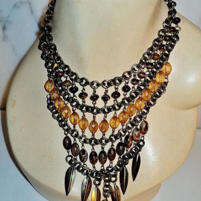 Vtg ethnic brass metal waterfall necklace tiger eye  beads shells