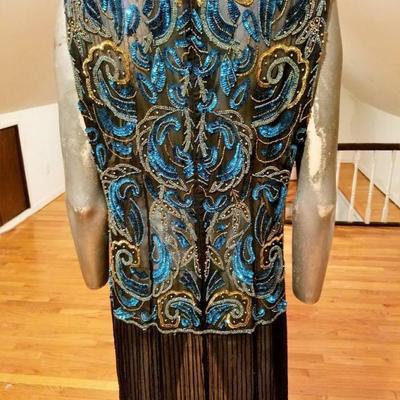 Vtg silk hand beaded layering flapper maxi dress on chiffon back slit 