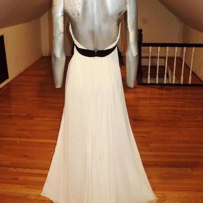 Carmen Marc Valvo silk empire grecian fluid pleat halter gown buggle bead/lace