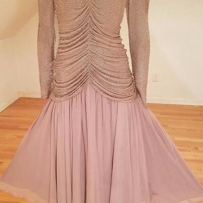 Vtg Oleg Cassini silk hand beaded lavender draped ballerina chiffon fluid dress