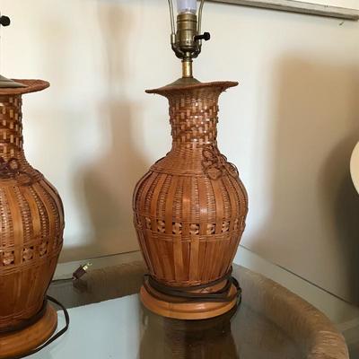 Lot 95 - Wicker End Table and Pair of Lamps 