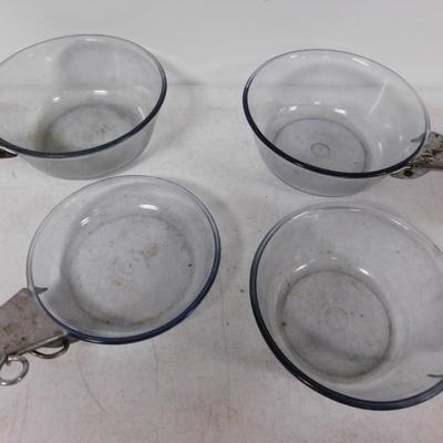 Set of 4 Vintage Flameware Pyrex Glass Cookware Pans with Metal Handles