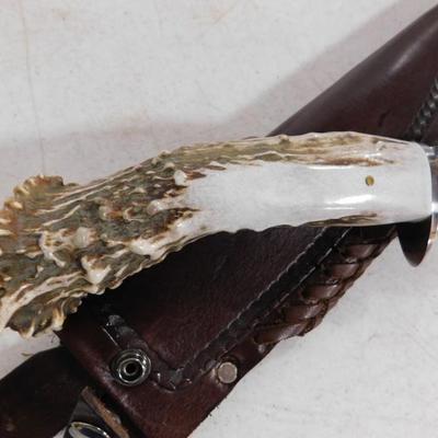 Silver Stag Buck Style Knife with Damascus Blade and Deer Antler Handle