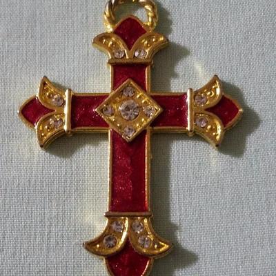 Vintage Red & God Cross Necklace Charm with faux diamond embellishments