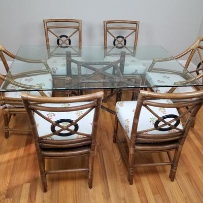 MCGUIRE Rattan Glass Top Dining Room Set with 8 Target Style Chairs