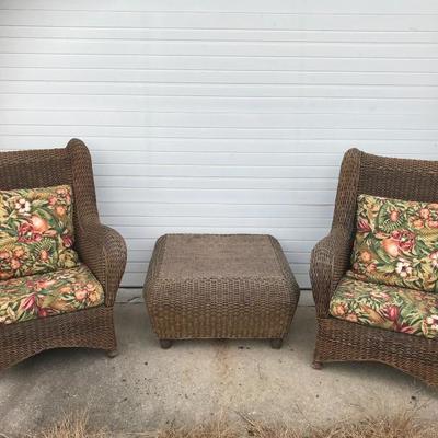 Pair of Wicker Chairs and Ottoman with Sunbrella Covered Cushions