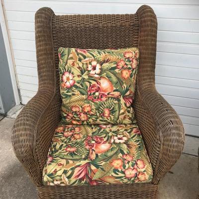 Pair of Wicker Chairs and Ottoman with Sunbrella Covered Cushions