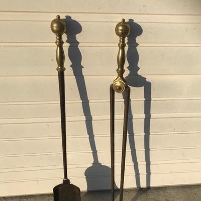 Early Brass Fireplace Implements Ashe Shovel & Tongs