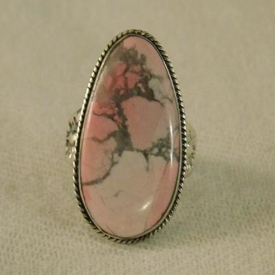 White Buffalo Turquoise Size 8 Ring with Pink Color Set in Sterling Silver 