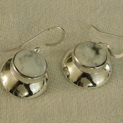 White Buffalo Turquoise Round Earrings Set in Sterling