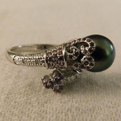 Tahitian Pearl Bypass Ring Size 9.5 with White Zircon Accent