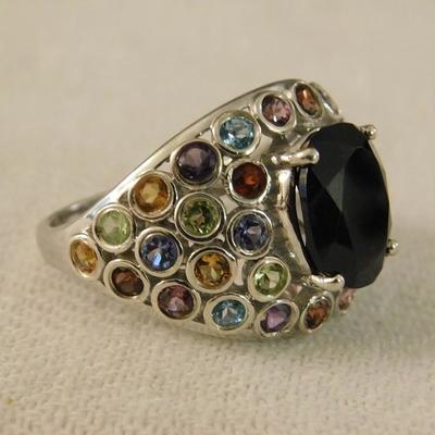 Australian Black Tourmaline Faceted Ring with Multi Stone Accents Size 10