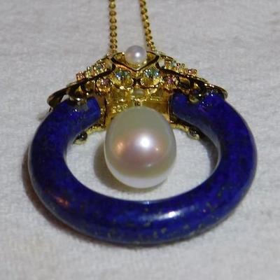 Lapis Lazuli Pendant with Fresh Water Pearls and Tanzanite Accents