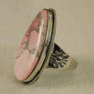 White Buffalo Turquoise Size 8 Ring with Pink Color Set in Sterling Silver 
